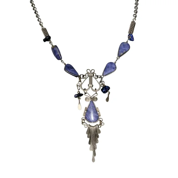Vintage Artisan Blue Sodalite Teardrop Silvertone Dangle Statement Necklace